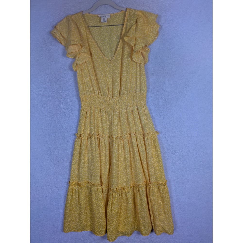 Jessica Simpson Tiered Midi Dress Women's M Yellow Ruffle Sleeve Smocked Waist